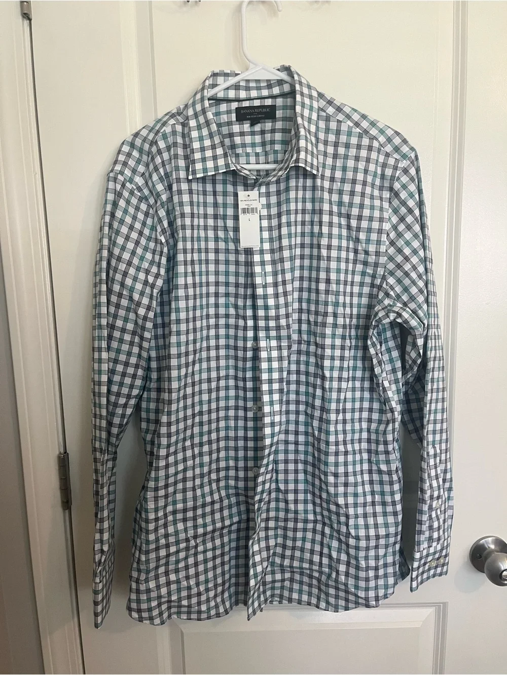 Banana Republic White and Green Plaid Dress Shirt